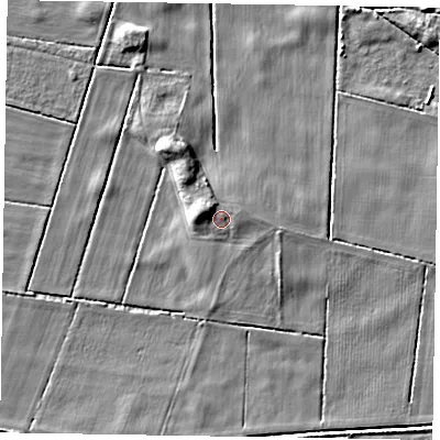 Shaded relief map of the ground around DN213EH, computed from Environment Agency LiDAR. The ground here sits at about 4 m above sea level and falls 6 m across the surrounding 800 m. Surface water reaching this point runs off ground lying to the east-north-east, 0.7 m higher.