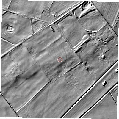 Shaded relief map of the ground around DN213EN, computed from Environment Agency LiDAR. The ground here sits at about 5 m above sea level and falls 7 m across the surrounding 800 m. The ground contributing surface water to this point lies to the north-east.