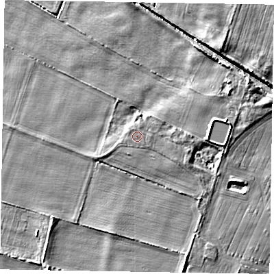 Shaded relief map of the ground around DN213EP, computed from Environment Agency LiDAR. The ground here sits at about 4 m above sea level and falls 6 m across the surrounding 800 m. The ground contributing surface water to this point lies to the east.