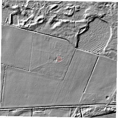 Shaded relief map of the ground around DN213EQ, computed from Environment Agency LiDAR. The ground here sits at about 4 m above sea level and falls 6 m across the surrounding 800 m. Surface water reaching this point runs off ground lying to the south, 0.8 m higher.
