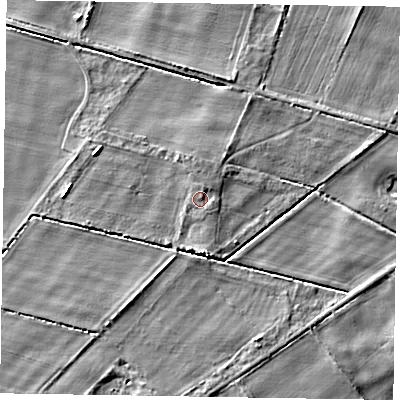 Shaded relief map of the ground around DN213ER, computed from Environment Agency LiDAR. The ground here sits at about 4 m above sea level and falls 5 m across the surrounding 800 m. Surface water reaching this point runs off ground lying to the north-north-east, 0.8 m higher.