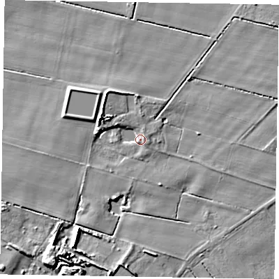 Shaded relief map of the ground around DN213ES, computed from Environment Agency LiDAR. The ground here sits at about 3 m above sea level and falls 8 m across the surrounding 800 m. Surface water reaching this point runs off ground lying to the west-north-west, 6.1 m higher.