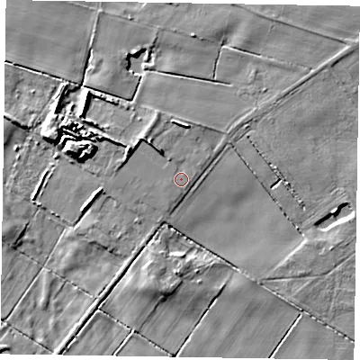 Shaded relief map of the ground around DN213ET, computed from Environment Agency LiDAR. The ground here sits at about 4 m above sea level and falls 8 m across the surrounding 800 m. The ground contributing surface water to this point lies to the north-east.