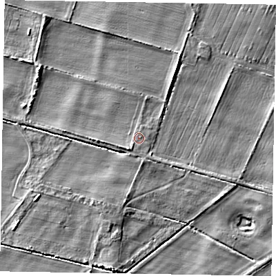 Shaded relief map of the ground around DN213EW, computed from Environment Agency LiDAR. The ground here sits at about 4 m above sea level and falls 4 m across the surrounding 800 m. Surface water reaching this point runs off ground lying to the south-south-west, 1.1 m higher.