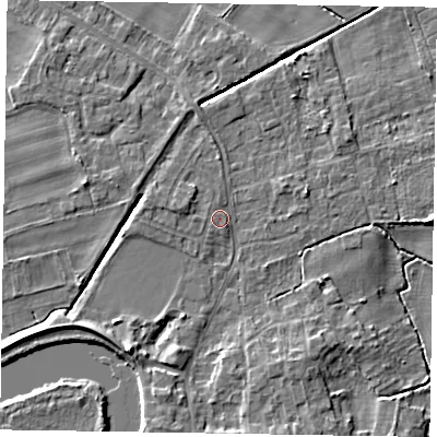 Shaded relief map of the ground around DN213EX, computed from Environment Agency LiDAR. The ground here sits at about 5 m above sea level and falls 7 m across the surrounding 800 m. Surface water reaching this point runs off ground lying to the south-east, 0.8 m higher.