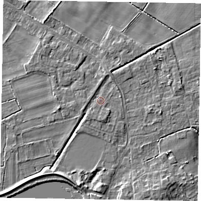Shaded relief map of the ground around DN213EY, computed from Environment Agency LiDAR. The ground here sits at about 5 m above sea level and falls 7 m across the surrounding 800 m. Surface water reaching this point runs off ground lying to the south, 2.0 m higher.