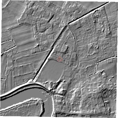 Shaded relief map of the ground around DN213EZ, computed from Environment Agency LiDAR. The ground here sits at about 5 m above sea level and falls 7 m across the surrounding 800 m. Surface water reaching this point runs off ground lying to the north-north-east, 0.8 m higher.