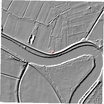 Shaded relief map of the ground around DN213FF, computed from Environment Agency LiDAR. The ground here sits at about 6 m above sea level and falls 8 m across the surrounding 800 m. Surface water reaching this point runs off ground lying to the south-south-east, 3.1 m higher.