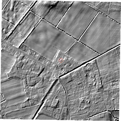 Shaded relief map of the ground around DN213GB, computed from Environment Agency LiDAR. The ground here sits at about 4 m above sea level and falls 5 m across the surrounding 800 m. Surface water reaching this point runs off ground lying to the south, 0.7 m higher.