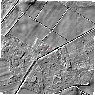 Shaded relief map of the ground around DN213GD, computed from Environment Agency LiDAR. The ground here sits at about 4 m above sea level and falls 6 m across the surrounding 800 m. Surface water reaching this point runs off ground lying to the west, 2.7 m higher.