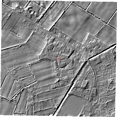 Shaded relief map of the ground around DN213GE, computed from Environment Agency LiDAR. The ground here sits at about 5 m above sea level and falls 5 m across the surrounding 800 m. Surface water reaching this point runs off ground lying to the south, 1.8 m higher.