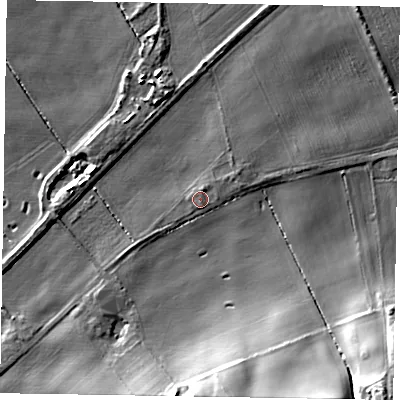 Shaded relief map of the ground around DN213HP, computed from Environment Agency LiDAR. The ground here sits at about 6 m above sea level and falls 22 m across the surrounding 800 m. Surface water reaching this point runs off ground lying to the north-north-east, 0.7 m higher.