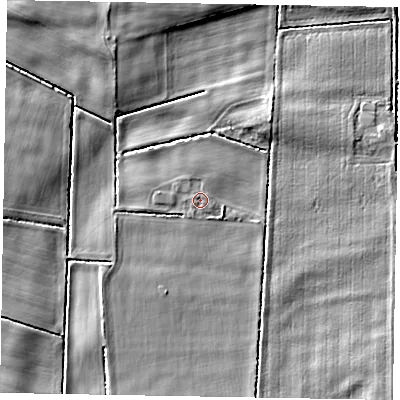 Shaded relief map of the ground around DN213JN, computed from Environment Agency LiDAR. The ground here sits at about 4 m above sea level and falls 9 m across the surrounding 800 m. Surface water reaching this point runs off ground lying to the east-south-east, 1.0 m higher.