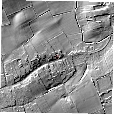 Shaded relief map of the ground around DN213JX, computed from Environment Agency LiDAR. The ground here sits at about 16 m above sea level and falls 24 m across the surrounding 800 m. Surface water reaching this point runs off ground lying to the south-west, 15.0 m higher.