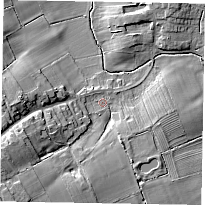 Shaded relief map of the ground around DN213LA, computed from Environment Agency LiDAR. The ground here sits at about 9 m above sea level and falls 23 m across the surrounding 800 m. Surface water reaching this point runs off ground lying to the south-south-west, 1.7 m higher.