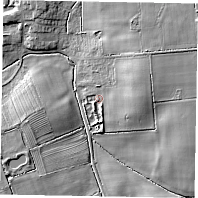 Shaded relief map of the ground around DN213LE, computed from Environment Agency LiDAR. The ground here sits at about 11 m above sea level and falls 16 m across the surrounding 800 m. Surface water reaching this point runs off ground lying to the east-north-east, 10.3 m higher.