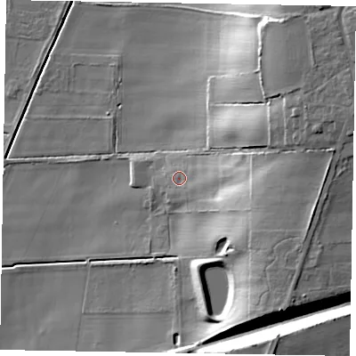 Shaded relief map of the ground around DN213LJ, computed from Environment Agency LiDAR. The ground here sits at about 9 m above sea level and falls 27 m across the surrounding 800 m. Surface water reaching this point runs off ground lying to the east, 5.6 m higher.