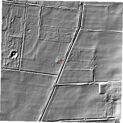 Shaded relief map of the ground around DN213LL, computed from Environment Agency LiDAR. The ground here sits at about 3 m above sea level and falls 12 m across the surrounding 800 m. Surface water reaching this point runs off ground lying to the east-south-east, 3.9 m higher.