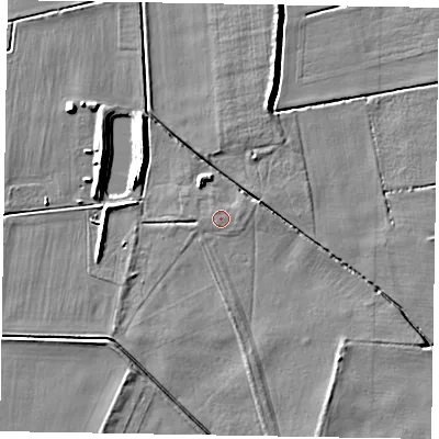 Shaded relief map of the ground around DN213LN, computed from Environment Agency LiDAR. The ground here sits at about 4 m above sea level and falls 7 m across the surrounding 800 m. Surface water reaching this point runs off ground lying to the south-east, 2.8 m higher.