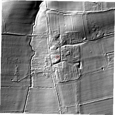 Shaded relief map of the ground around DN213NU, computed from Environment Agency LiDAR. The ground here sits at about 20 m above sea level and falls 11 m across the surrounding 800 m. Surface water reaching this point runs off ground lying to the north-east, 1.2 m higher.