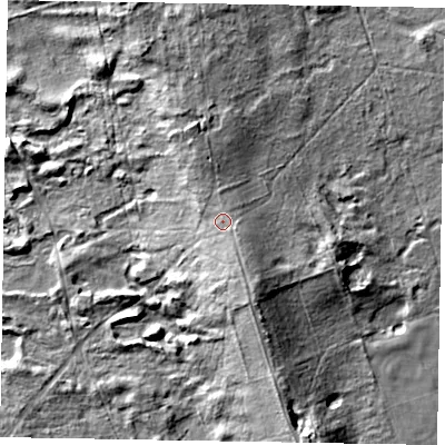 Shaded relief map of the ground around DN213QD, computed from Environment Agency LiDAR. The ground here sits at about 22 m above sea level and falls 22 m across the surrounding 800 m. Surface water reaching this point runs off ground lying to the south-south-east, 3.8 m higher.