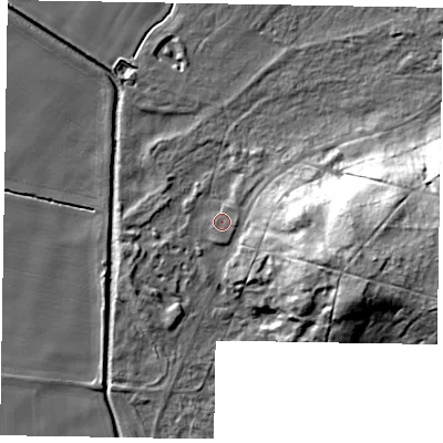 Shaded relief map of the ground around DN213QE, computed from Environment Agency LiDAR. The ground here sits at about 6 m above sea level and falls 39 m across the surrounding 800 m. Surface water reaching this point runs off ground lying to the east, 2.4 m higher.