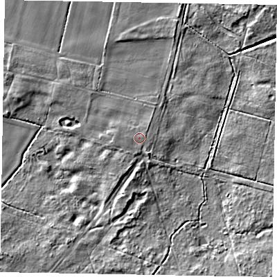 Shaded relief map of the ground around DN213QF, computed from Environment Agency LiDAR. The ground here sits at about 6 m above sea level and falls 11 m across the surrounding 800 m. Surface water reaching this point runs off ground lying to the south-west, 0.9 m higher.