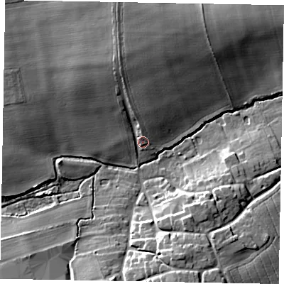 Shaded relief map of the ground around DN213QU, computed from Environment Agency LiDAR. The ground here sits at about 15 m above sea level and falls 15 m across the surrounding 800 m. Surface water reaching this point runs off ground lying to the north-north-west, 10.6 m higher.