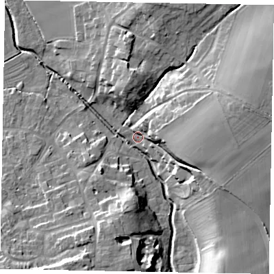 Shaded relief map of the ground around DN213UE, computed from Environment Agency LiDAR. The ground here sits at about 6 m above sea level and falls 18 m across the surrounding 800 m. Surface water reaching this point runs off ground lying to the east, 14.4 m higher.