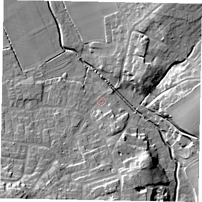 Shaded relief map of the ground around DN213UQ, computed from Environment Agency LiDAR. The ground here sits at about 6 m above sea level and falls 18 m across the surrounding 800 m. Surface water reaching this point runs off ground lying to the south-west, 13.0 m higher.