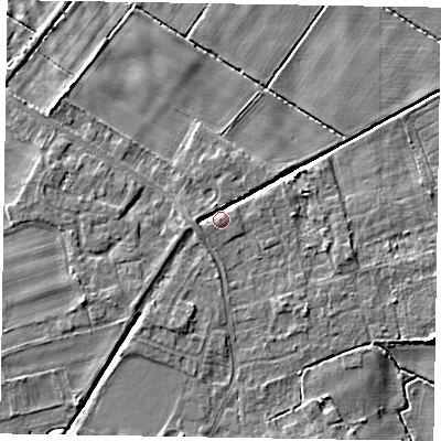 Shaded relief map of the ground around DN213UZ, computed from Environment Agency LiDAR. The ground here sits at about 5 m above sea level and falls 6 m across the surrounding 800 m. Surface water reaching this point runs off ground lying to the west, 3.1 m higher.