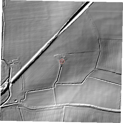 Shaded relief map of the ground around DN214AL, computed from Environment Agency LiDAR. The ground here sits at about 15 m above sea level and falls 17 m across the surrounding 800 m. Surface water reaching this point runs off ground lying to the north-east, 10.1 m higher.