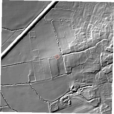 Shaded relief map of the ground around DN214BX, computed from Environment Agency LiDAR. The ground here sits at about 23 m above sea level and falls 20 m across the surrounding 800 m. Surface water reaching this point runs off ground lying to the east-south-east, 2.0 m higher.
