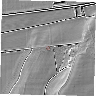 Shaded relief map of the ground around DN214LQ, computed from Environment Agency LiDAR. The ground here sits at about 4 m above sea level and falls 9 m across the surrounding 800 m. Surface water reaching this point runs off ground lying to the west-south-west, 1.2 m higher.