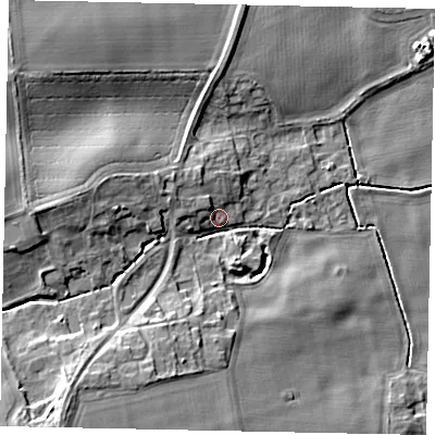 Shaded relief map of the ground around DN214QJ, computed from Environment Agency LiDAR. The ground here sits at about 13 m above sea level and falls 12 m across the surrounding 800 m. Surface water reaching this point runs off ground lying to the west-north-west, 2.7 m higher.