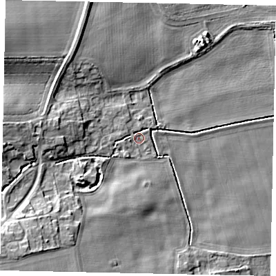 Shaded relief map of the ground around DN214QL, computed from Environment Agency LiDAR. The ground here sits at about 11 m above sea level and falls 11 m across the surrounding 800 m. Surface water reaching this point runs off ground lying to the south-west, 7.4 m higher.