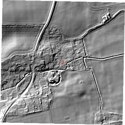 Shaded relief map of the ground around DN214QN, computed from Environment Agency LiDAR. The ground here sits at about 11 m above sea level and falls 12 m across the surrounding 800 m. Surface water reaching this point runs off ground lying to the west, 4.4 m higher.