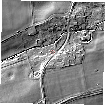 Shaded relief map of the ground around DN214QR, computed from Environment Agency LiDAR. The ground here sits at about 14 m above sea level and falls 15 m across the surrounding 800 m. Surface water reaching this point runs off ground lying to the south-south-west, 2.6 m higher.