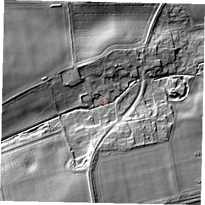 Shaded relief map of the ground around DN214QS, computed from Environment Agency LiDAR. The ground here sits at about 14 m above sea level and falls 14 m across the surrounding 800 m. Surface water reaching this point runs off ground lying to the south-west, 10.1 m higher.