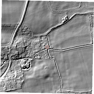 Shaded relief map of the ground around DN214RB, computed from Environment Agency LiDAR. The ground here sits at about 11 m above sea level and falls 11 m across the surrounding 800 m. Surface water reaching this point runs off ground lying to the west-south-west, 1.9 m higher.