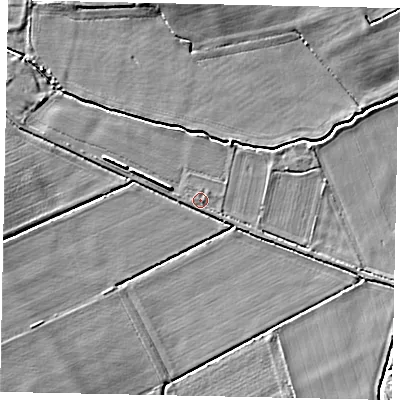 Shaded relief map of the ground around DN214RL, computed from Environment Agency LiDAR. The ground here sits at about 6 m above sea level and falls 10 m across the surrounding 800 m. Surface water reaching this point runs off ground lying to the west-north-west, 3.0 m higher.