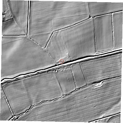 Shaded relief map of the ground around DN214RP, computed from Environment Agency LiDAR. The ground here sits at about 4 m above sea level and falls 5 m across the surrounding 800 m. Surface water reaching this point runs off ground lying to the south-south-east, 2.4 m higher.
