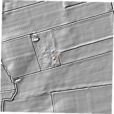 Shaded relief map of the ground around DN214RS, computed from Environment Agency LiDAR. The ground here sits at about 3 m above sea level and falls 4 m across the surrounding 800 m. The ground contributing surface water to this point lies to the north-east.