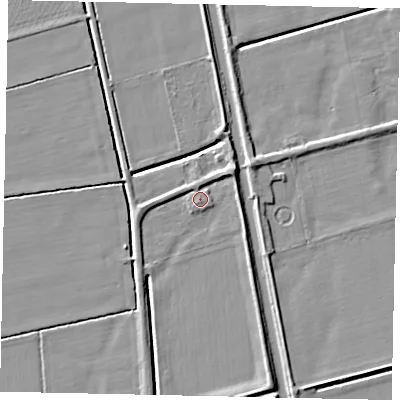 Shaded relief map of the ground around DN214RT, computed from Environment Agency LiDAR. The ground here sits at about 3 m above sea level and falls 6 m across the surrounding 800 m. Surface water reaching this point runs off ground lying to the west, 2.0 m higher.