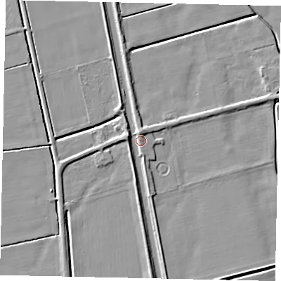 Shaded relief map of the ground around DN214RU, computed from Environment Agency LiDAR. The ground here sits at about 3 m above sea level and falls 6 m across the surrounding 800 m. Surface water reaching this point runs off ground lying to the west-north-west, 3.8 m higher.