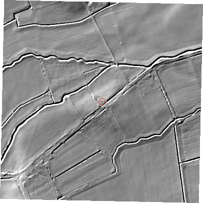 Shaded relief map of the ground around DN214RW, computed from Environment Agency LiDAR. The ground here sits at about 6 m above sea level and falls 9 m across the surrounding 800 m. Surface water reaching this point runs off ground lying to the east, 1.0 m higher.