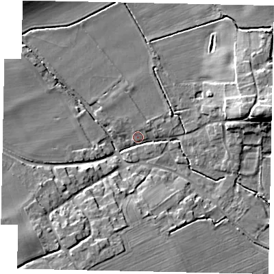 Shaded relief map of the ground around DN214SS, computed from Environment Agency LiDAR. The ground here sits at about 9 m above sea level and falls 14 m across the surrounding 800 m. Surface water reaching this point runs off ground lying to the west-south-west, 12.6 m higher.