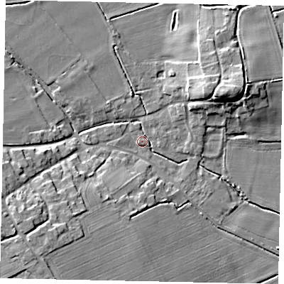 Shaded relief map of the ground around DN214SX, computed from Environment Agency LiDAR. The ground here sits at about 9 m above sea level and falls 14 m across the surrounding 800 m. Surface water reaching this point runs off ground lying to the south-west, 12.6 m higher.