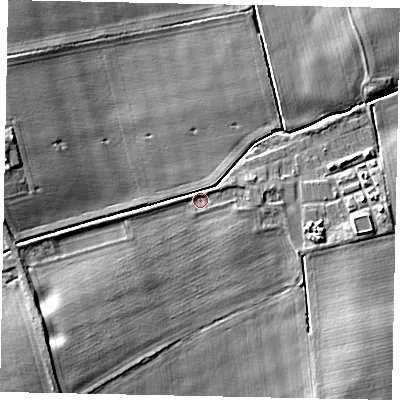 Shaded relief map of the ground around DN214TG, computed from Environment Agency LiDAR. The ground here sits at about 10 m above sea level and falls 10 m across the surrounding 800 m. Surface water reaching this point runs off ground lying to the south-west, 5.6 m higher.