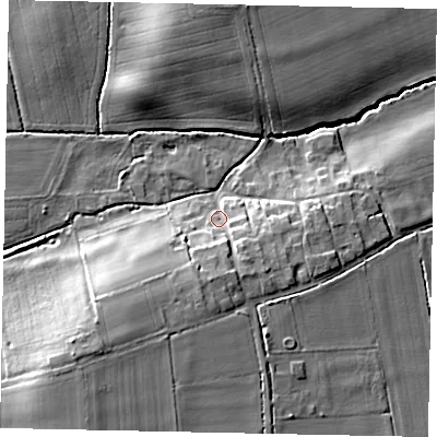 Shaded relief map of the ground around DN214TP, computed from Environment Agency LiDAR. The ground here sits at about 12 m above sea level and falls 16 m across the surrounding 800 m. Surface water reaching this point runs off ground lying to the south, 8.2 m higher.